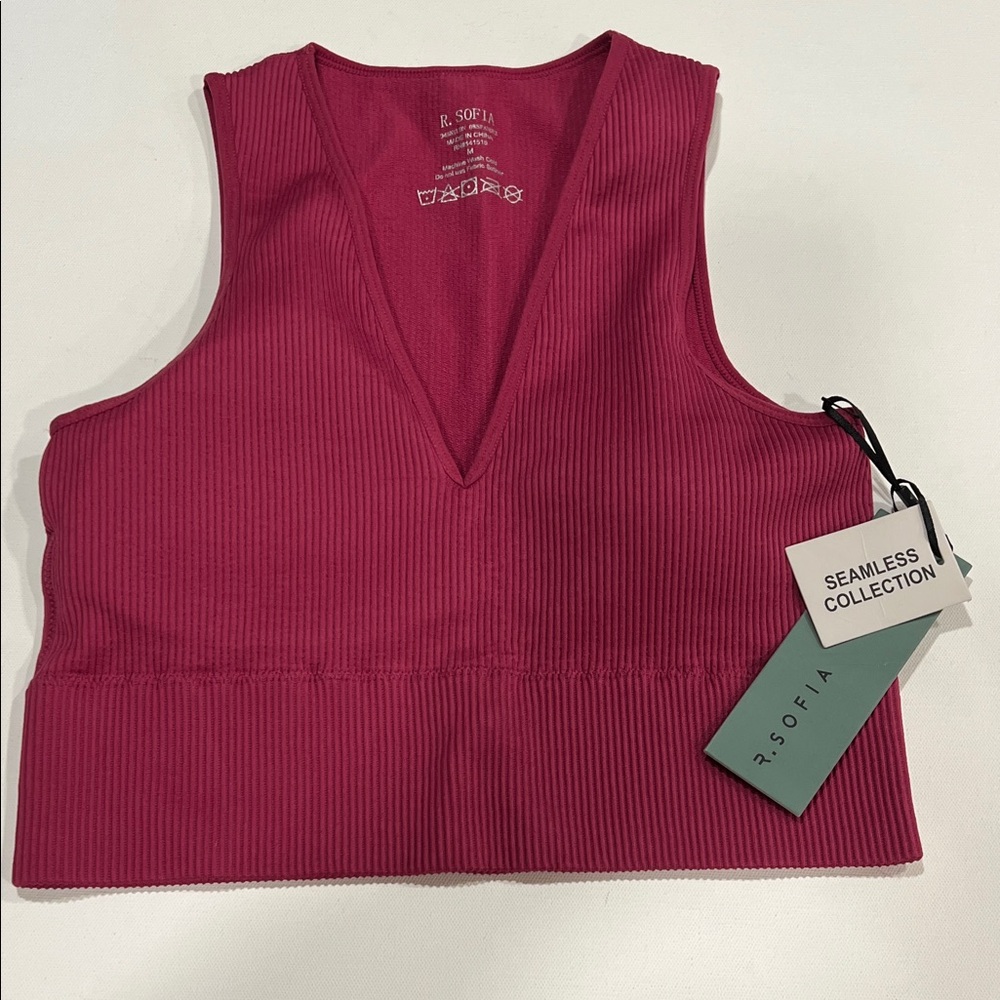 R.Sofia Seamless Collection Ribbed Sports Bra Raspberry Wine Removable Padding
